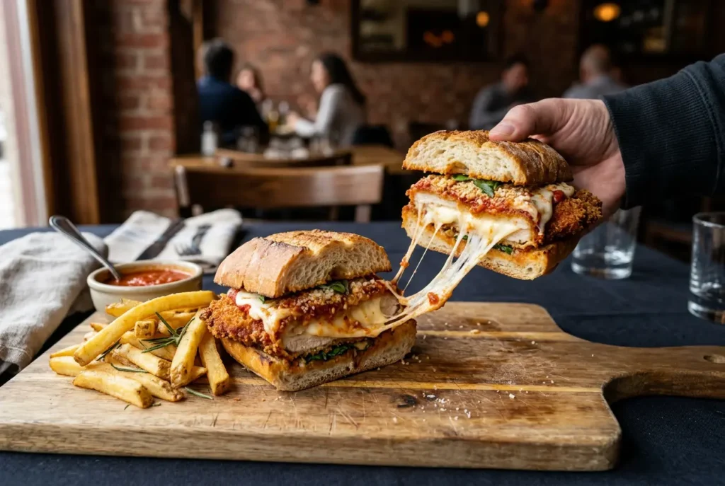Chicken parmesan sandwich cut in half showing the crispy cutlet