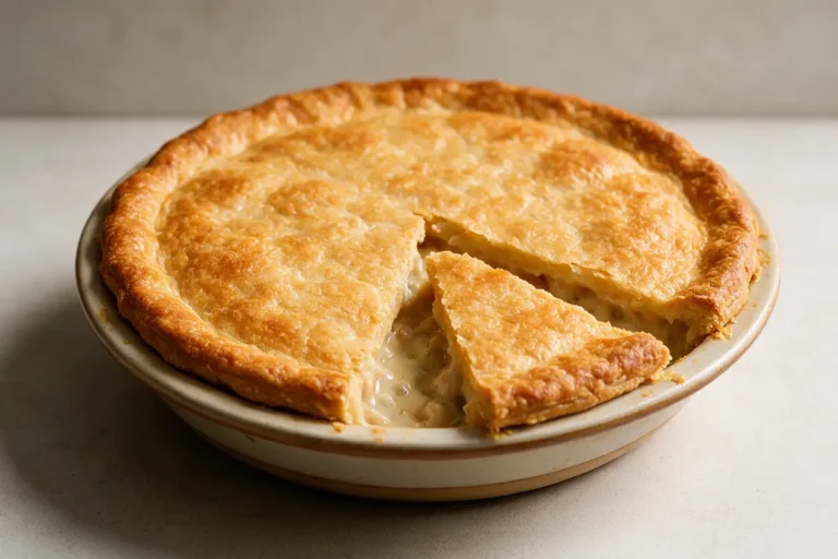 A whole golden chicken pot pie with a slice being lifted out
