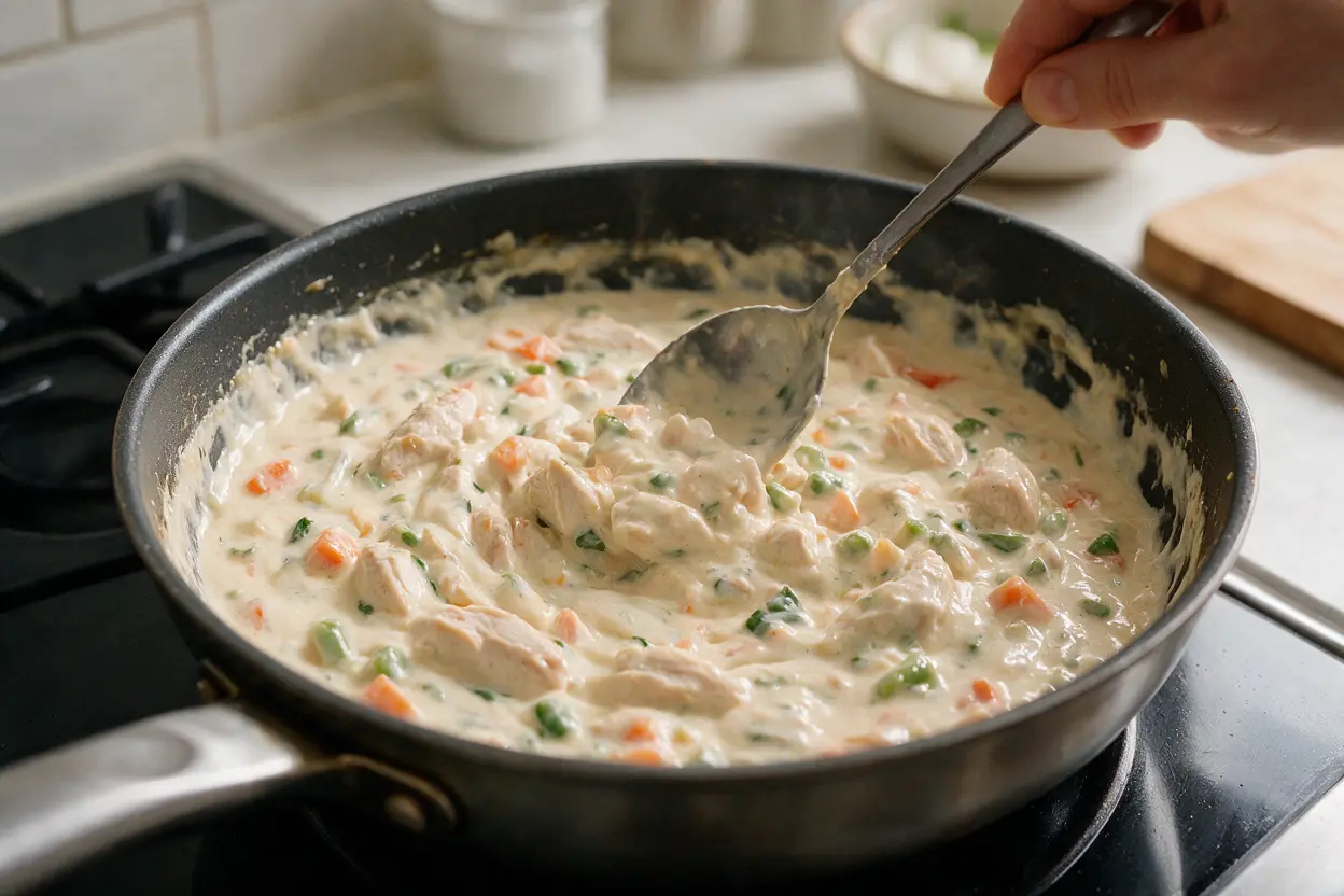 Creamy chicken pot pie filling being stirred in a skillet with chicken and vegetables