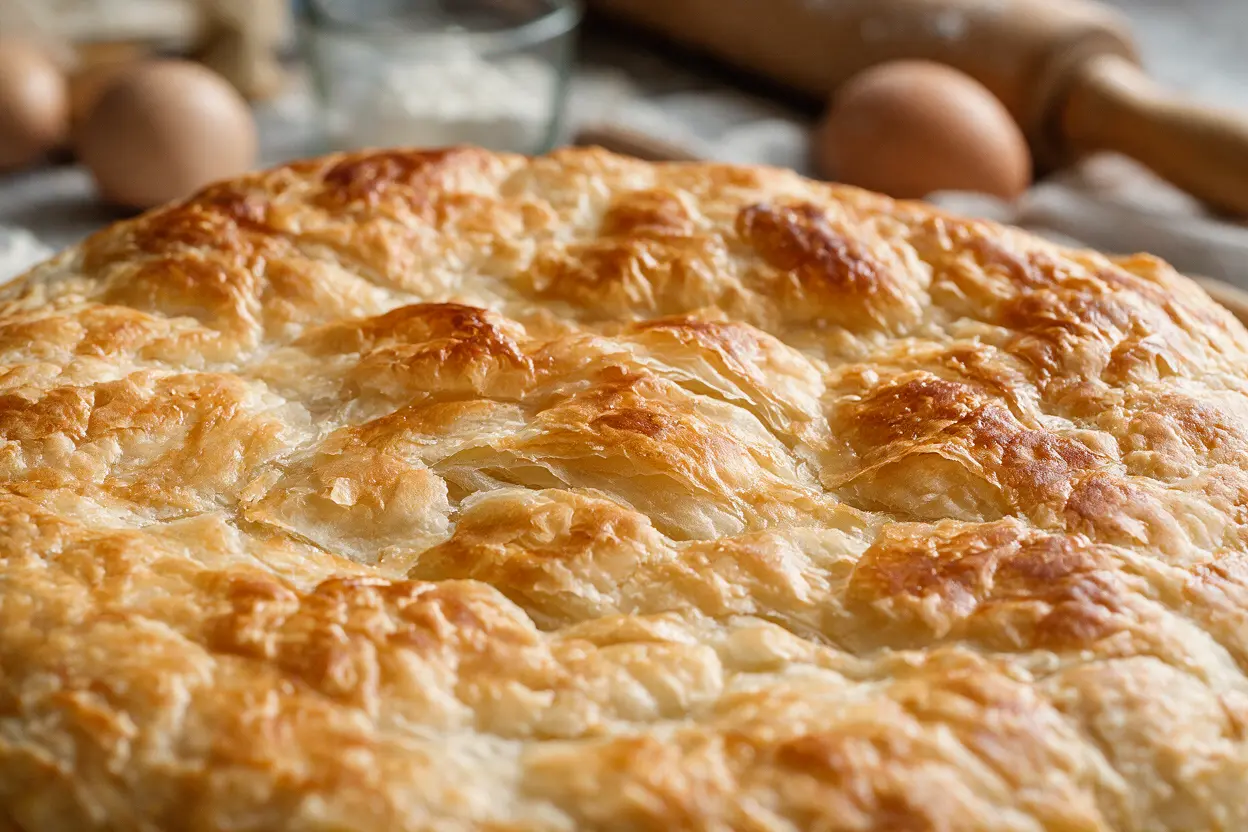 Close-up of a flaky golden baked chicken pot pie crust