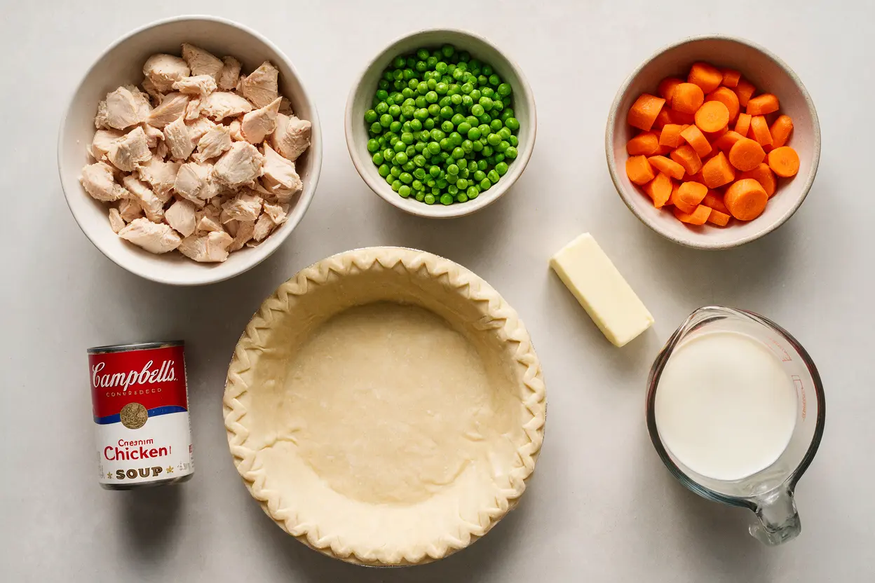 Easy chicken pot pie ingredients: chicken, peas, carrots, cream of chicken soup, and pie crust