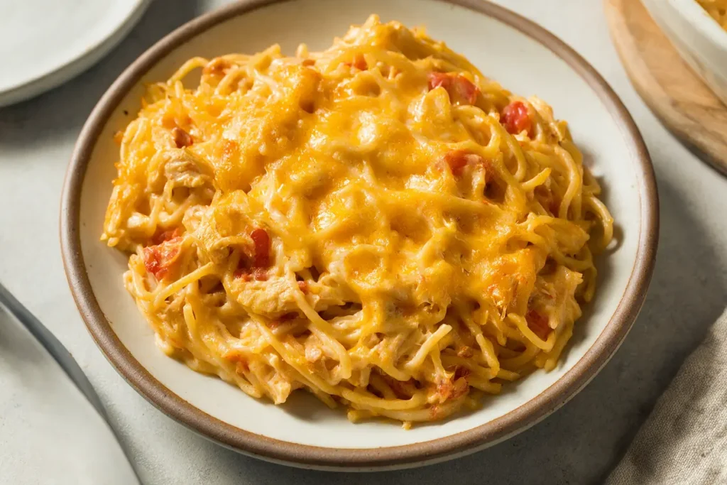 Baked chicken spaghetti with Rotel, cheesy and bubbly in a dish