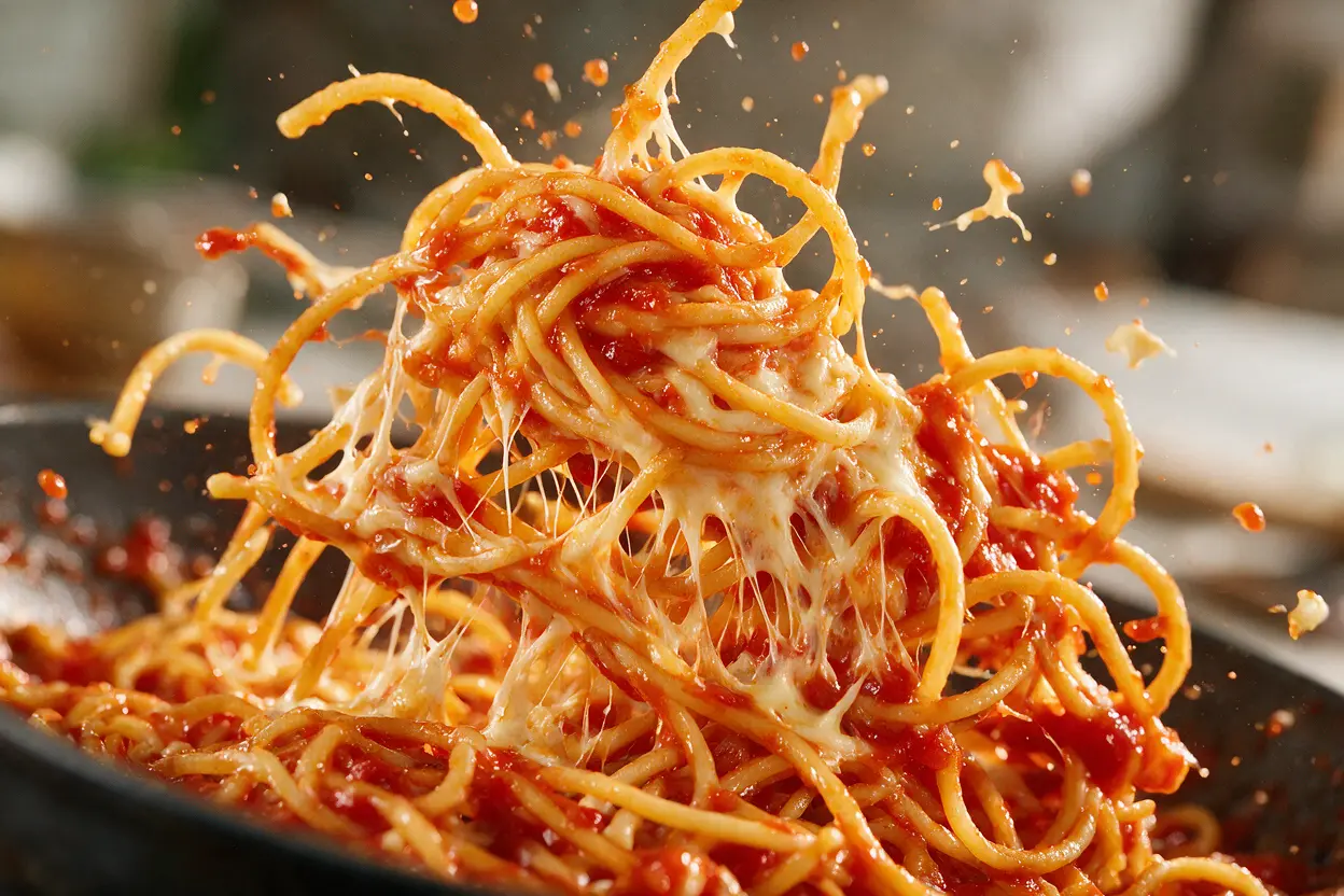 Close-up of cheesy chicken spaghetti coated in creamy Rotel sauce