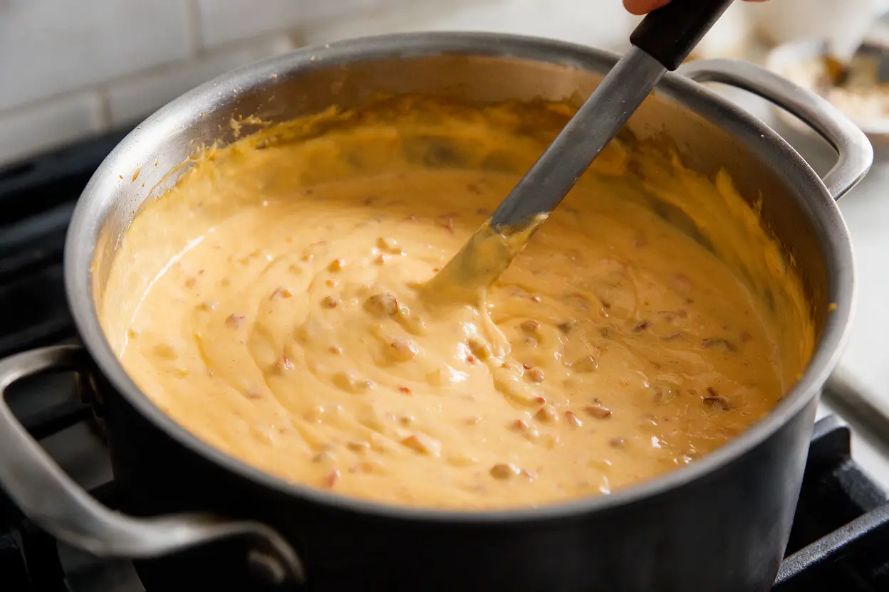 Creamy Velveeta and Rotel cheese sauce being stirred in a pot