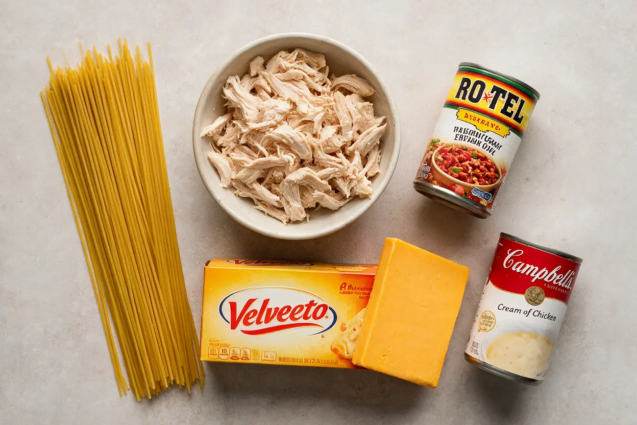 Chicken spaghetti with Rotel ingredients: spaghetti, chicken, Rotel, Velveeta, cheddar, and cream of chicken soup