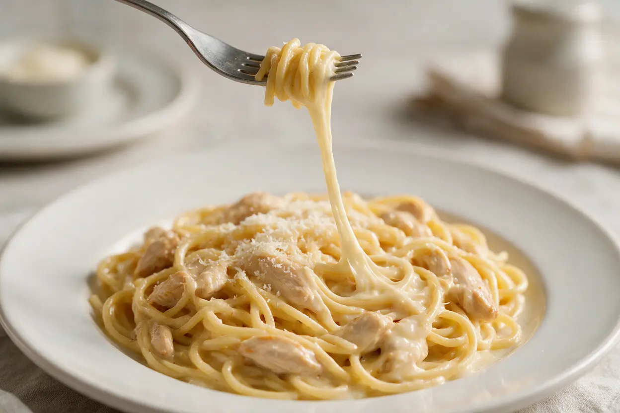 A served plate of chicken spaghetti with Rotel with a fork and cheese pull