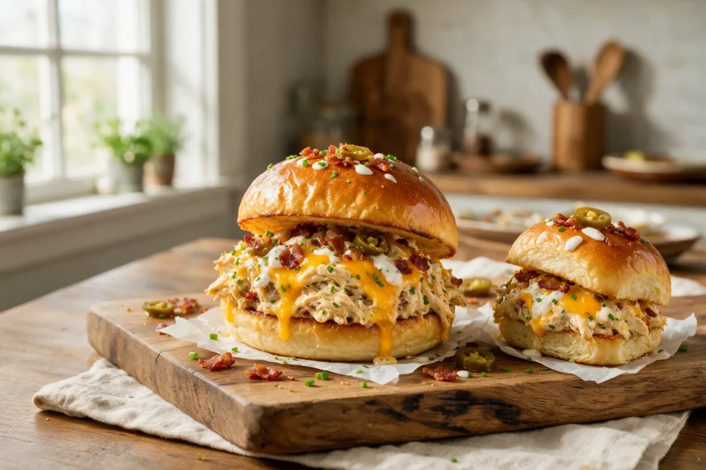 Crack chicken sandwich on a toasted brioche bun loaded with bacon and cheddar