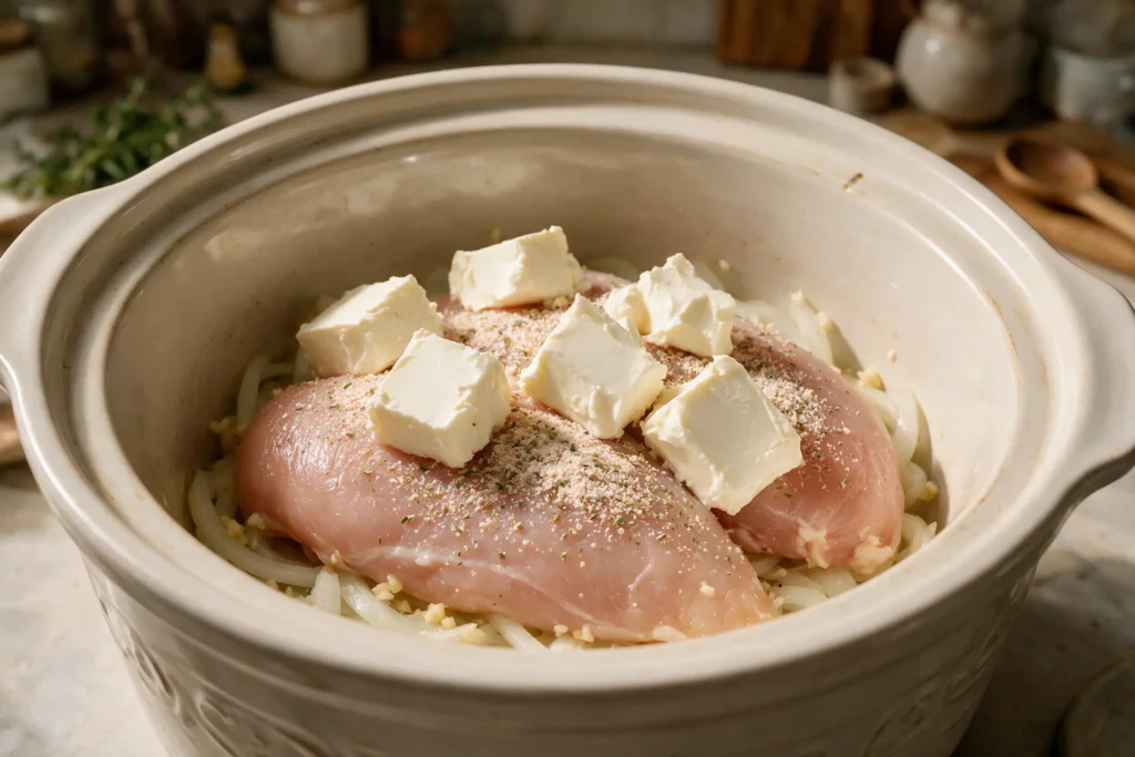 Chicken breasts topped with cream cheese and ranch seasoning in a slow cooker before cooking