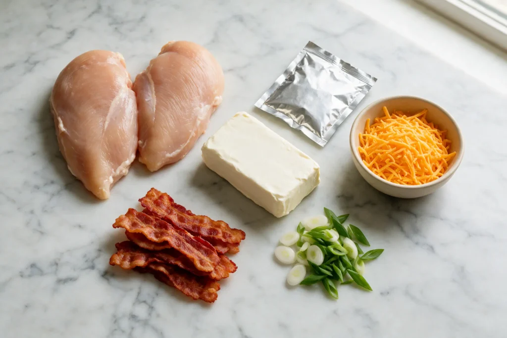 Crockpot crack chicken ingredients: chicken breasts, cream cheese, ranch seasoning, cheddar, and bacon