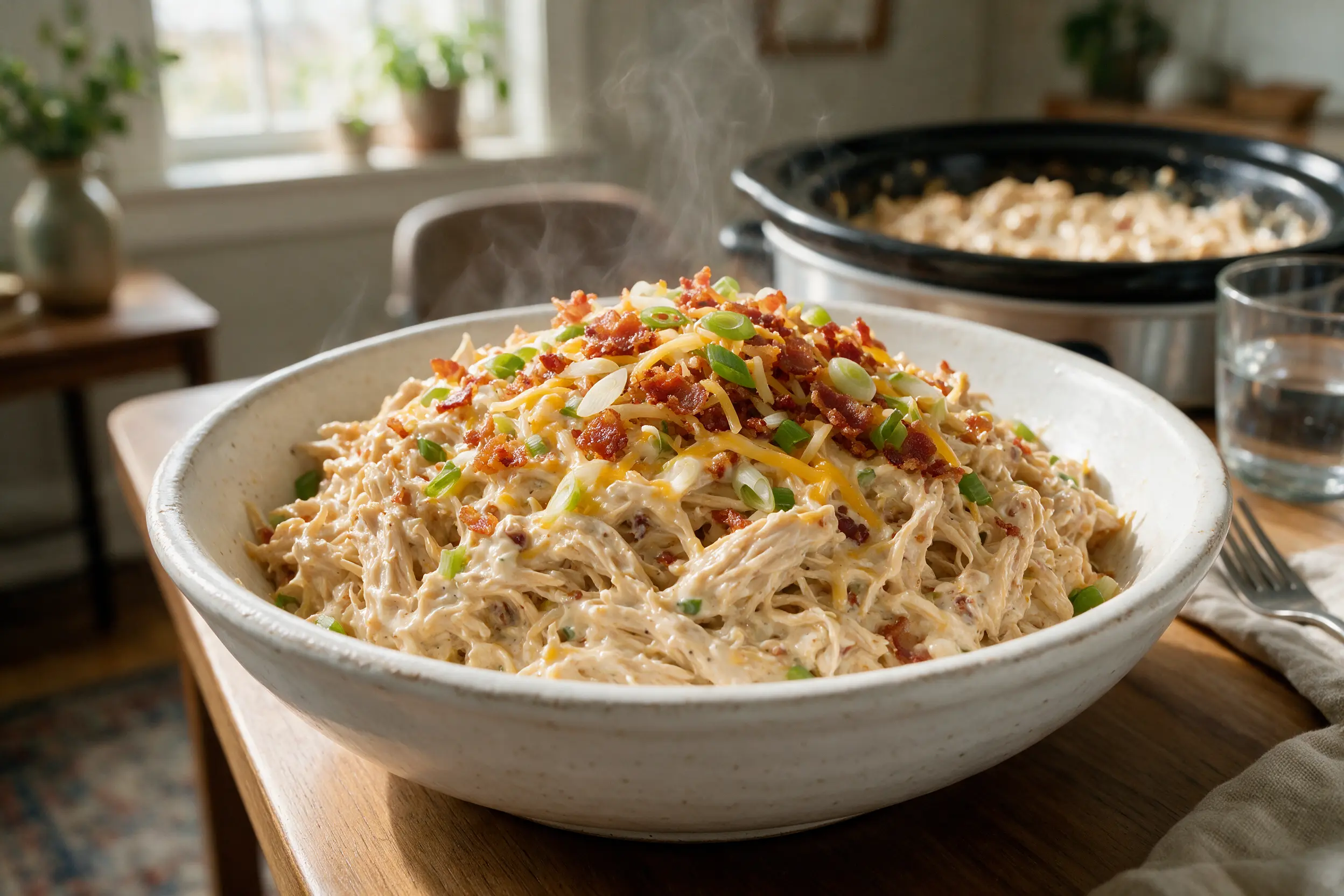 Creamy crockpot crack chicken topped with crispy bacon, cheddar, and green onions in a white bowl