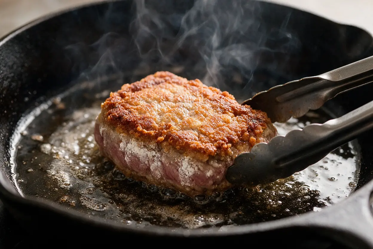 Frying deer cube steak in a cast iron skillet until golden brown