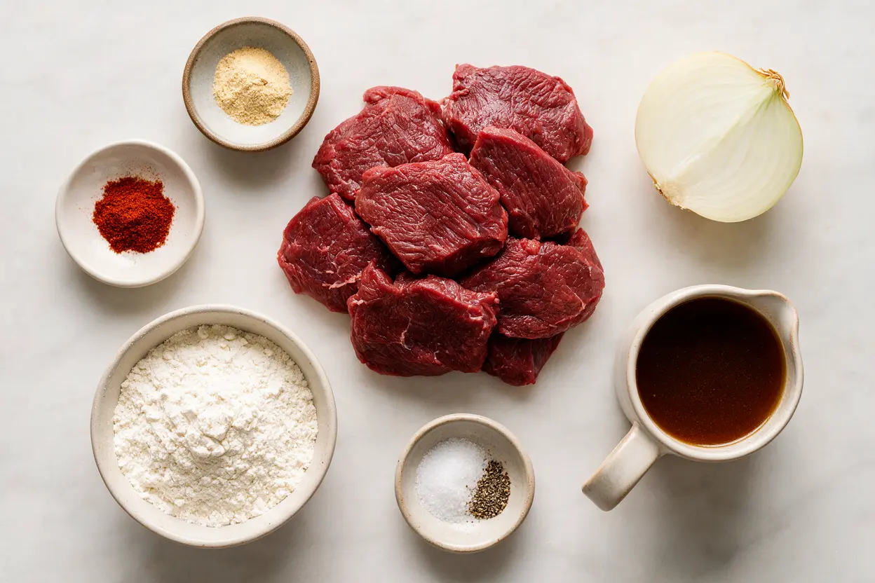 Venison cube steak ingredients: deer meat, flour, seasonings, onion, and broth