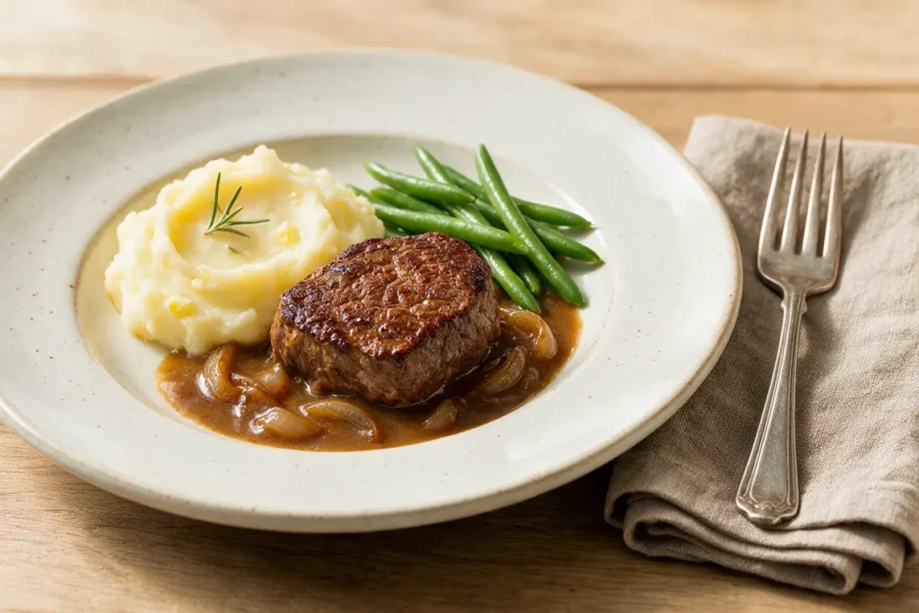 Deer cube steak recipes: fried venison cube steak with onion gravy over mashed potatoes