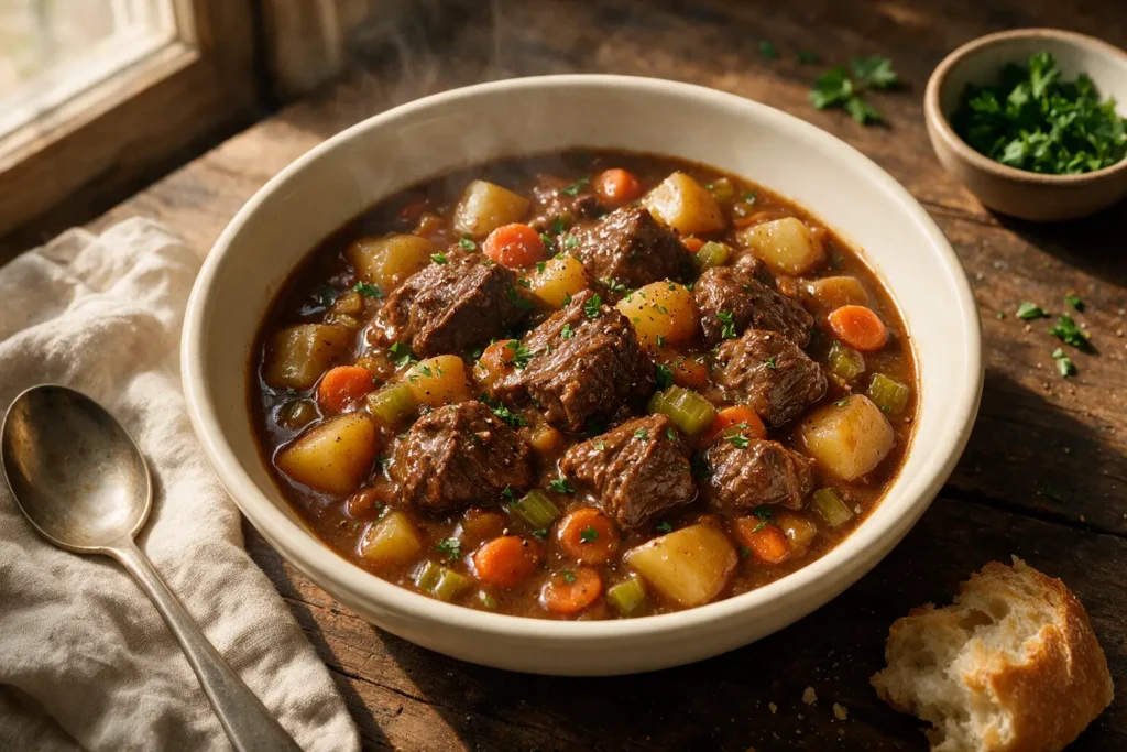 Copycat Dinty Moore beef stew with tender beef, potatoes, and carrots in a bowl