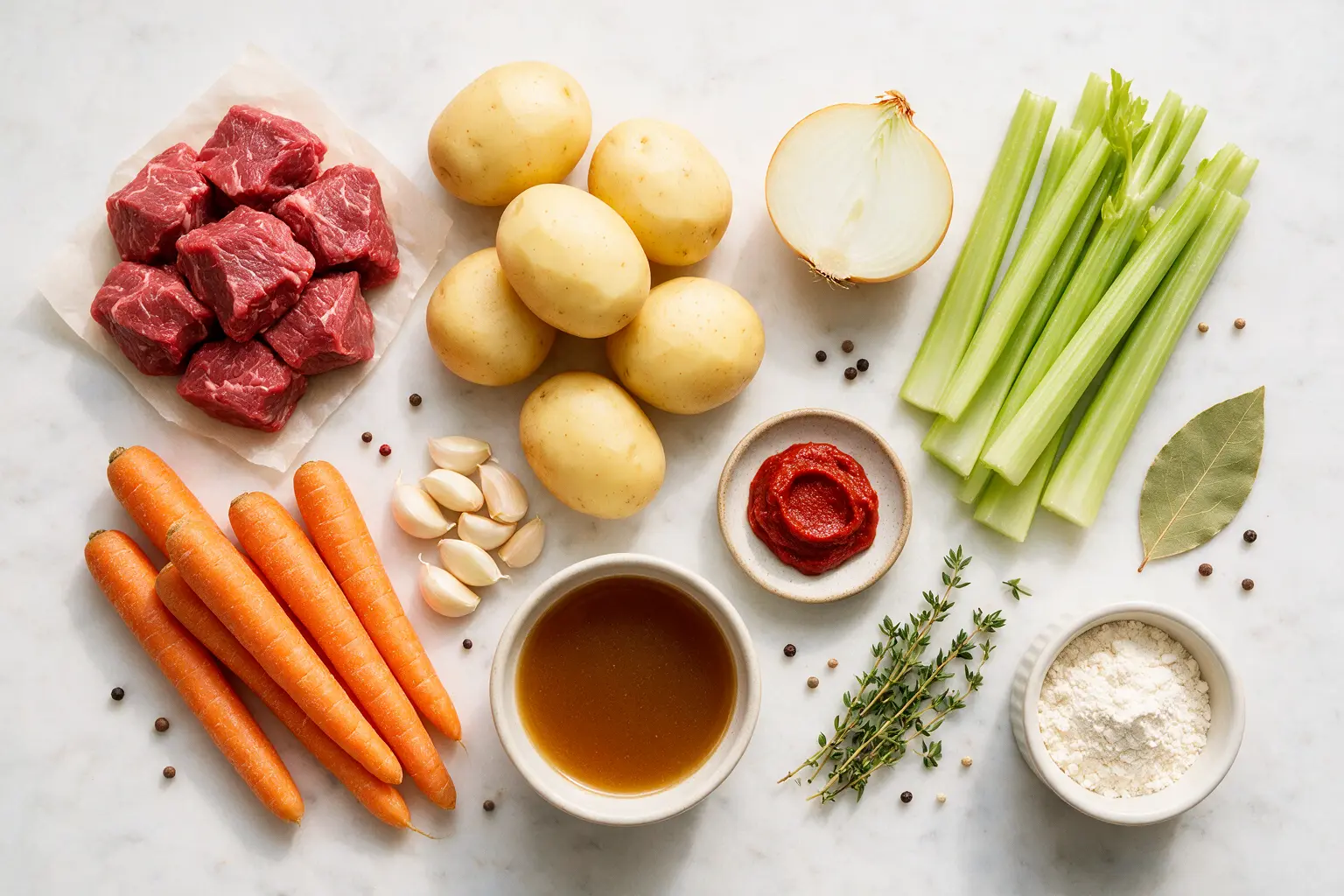 Beef stew ingredients: beef chuck, potatoes, carrots, onion, broth, and thyme