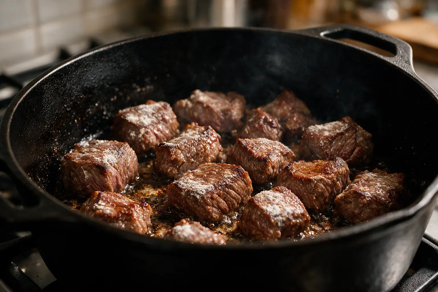 Flour-dusted beef cubes searing in a cast-iron Dutch oven for stew