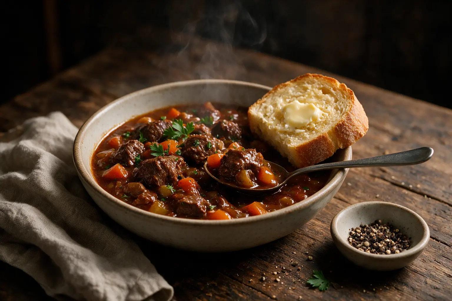Hearty beef stew served with a slice of crusty bread