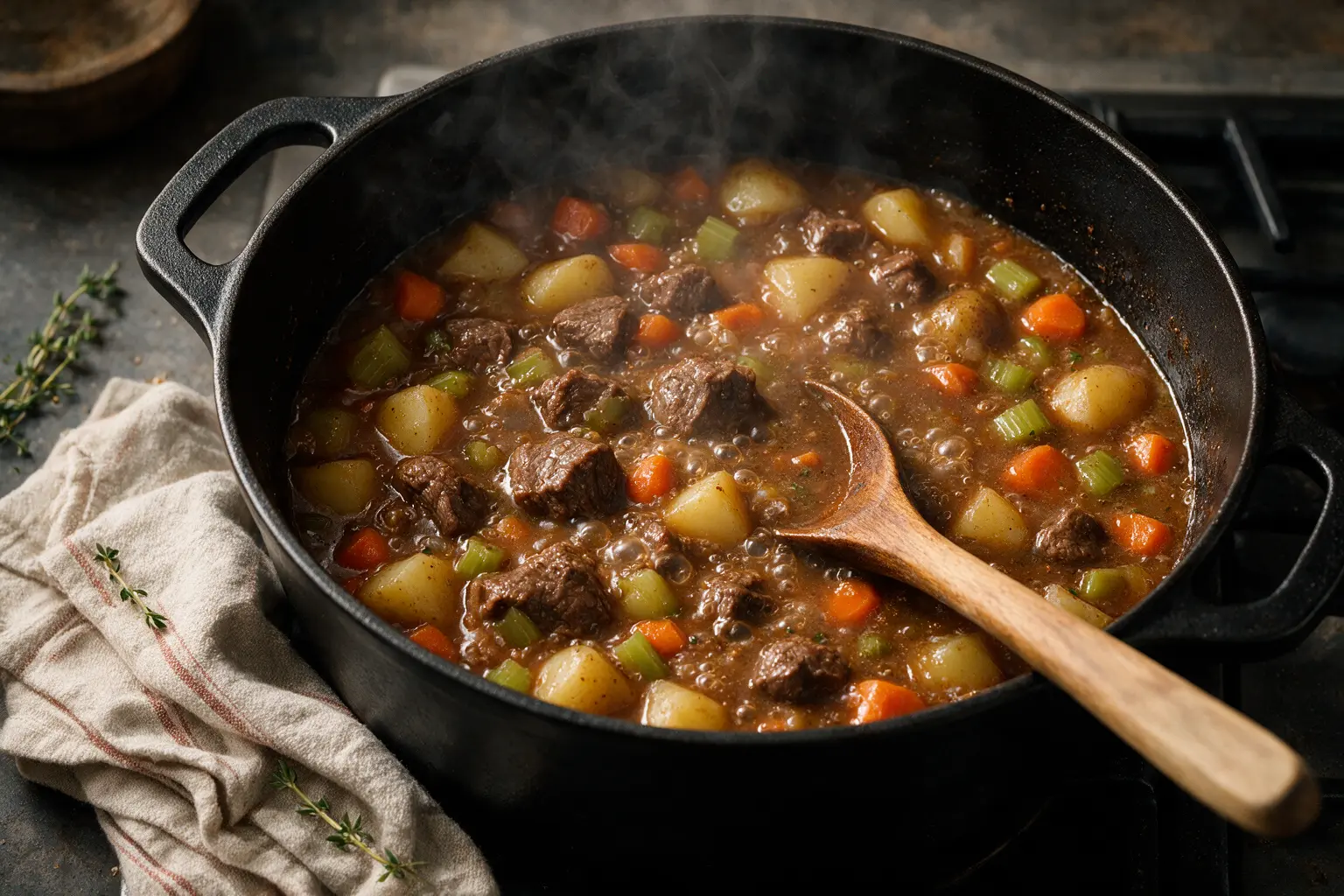 Beef stew simmering in a Dutch oven with beef, potatoes, and carrots