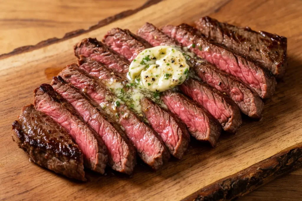 Grilled flat iron steak sliced on a board
