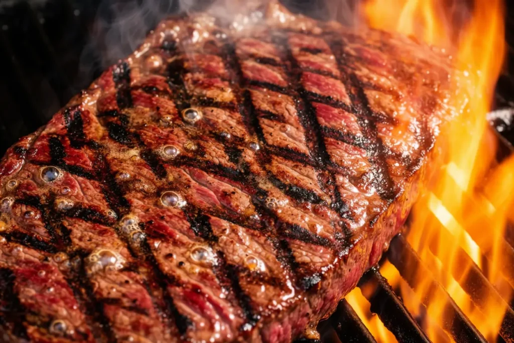 Flat iron steak searing on a grill