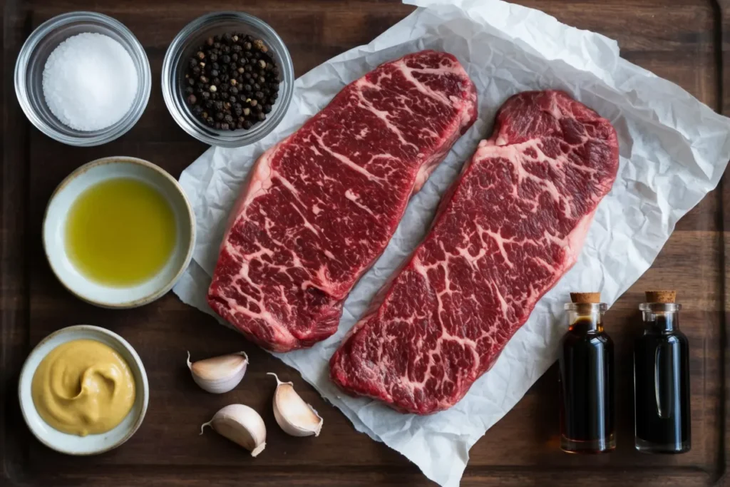 Ingredients for flat iron steak including steak, oil, garlic, soy sauce, balsamic, and Dijon
