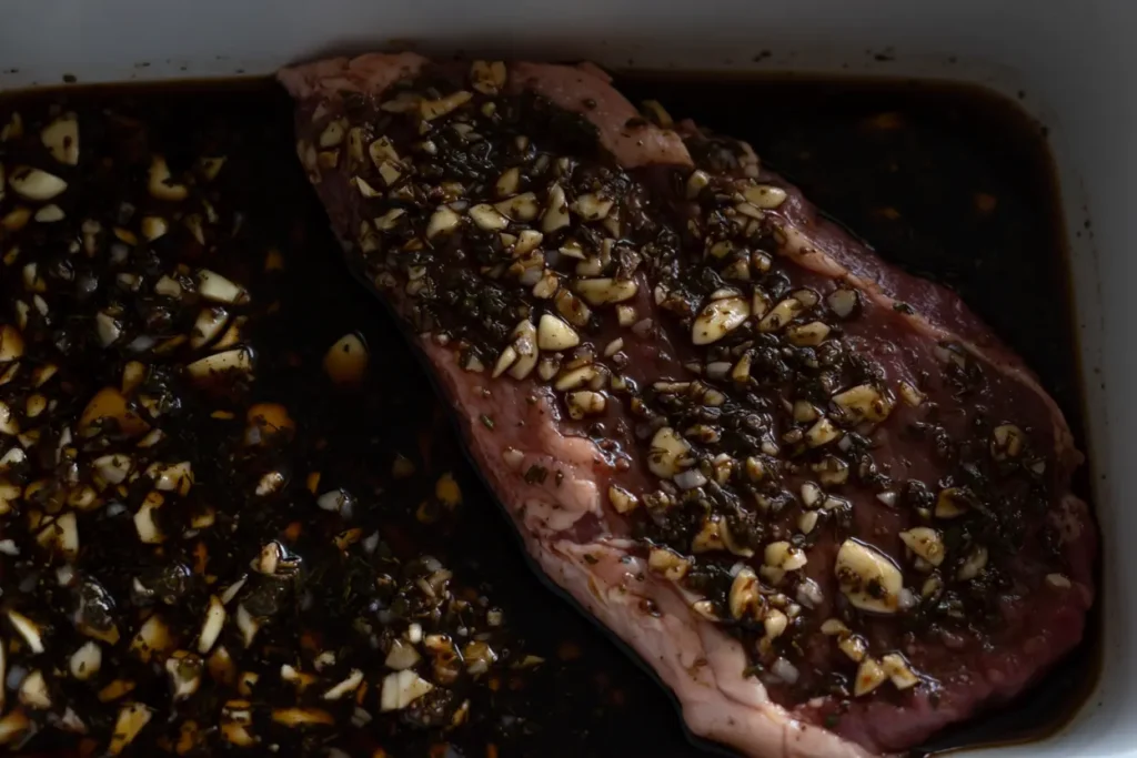 Flat iron steak marinating in garlic and herbs