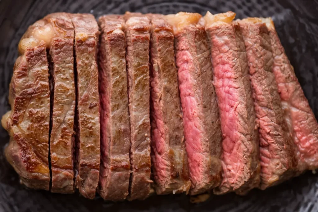 Sliced medium-rare flat iron steak