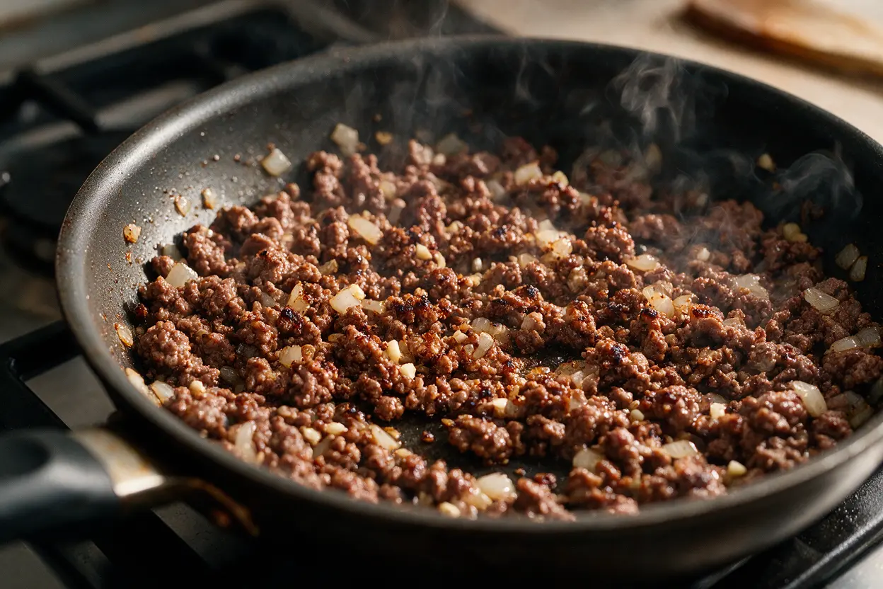 Ground beef browning in a skillet with onion and garlic