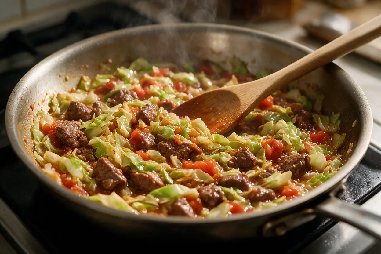 Chopped cabbage wilting into ground beef and tomatoes in a skillet