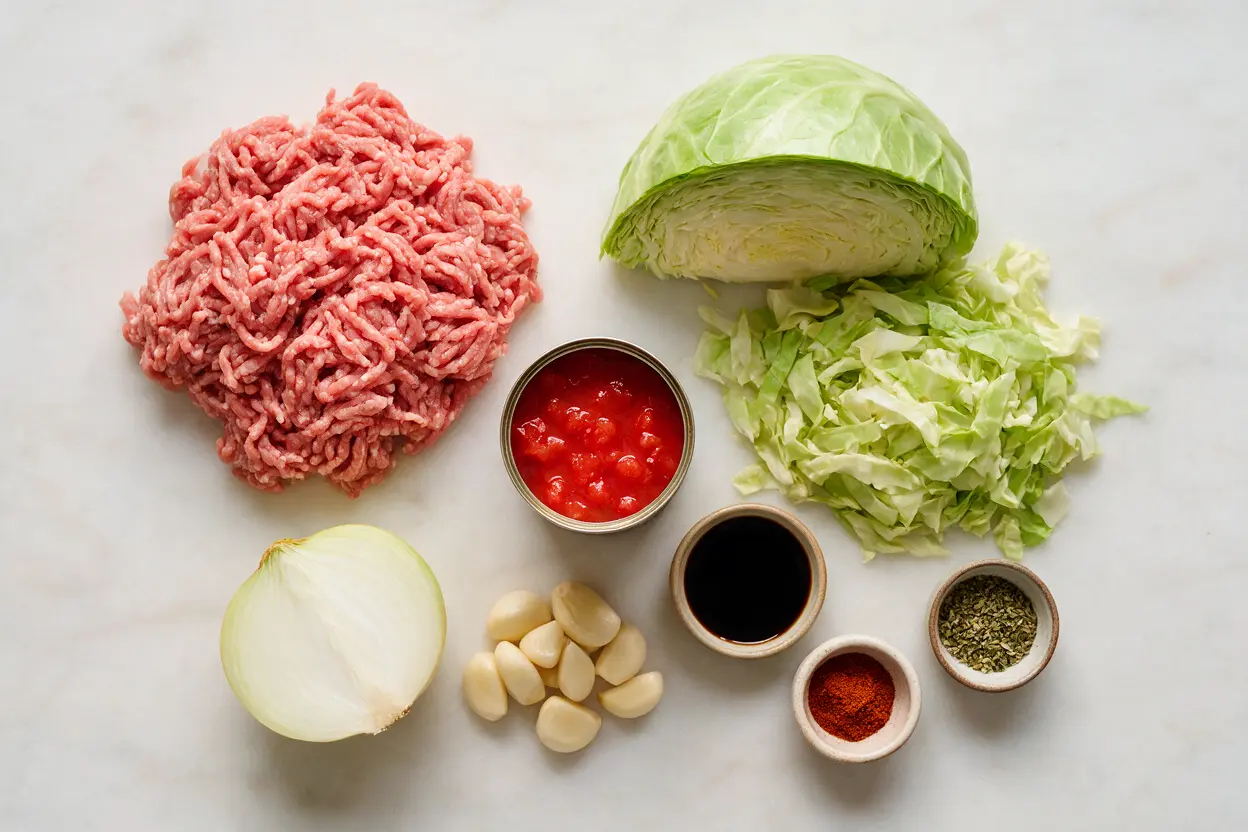 Ground beef and cabbage ingredients: beef, cabbage, onion, tomatoes, and spices