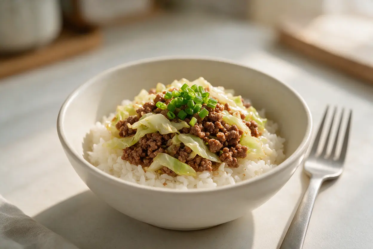 Ground beef and cabbage served over rice in a bowl