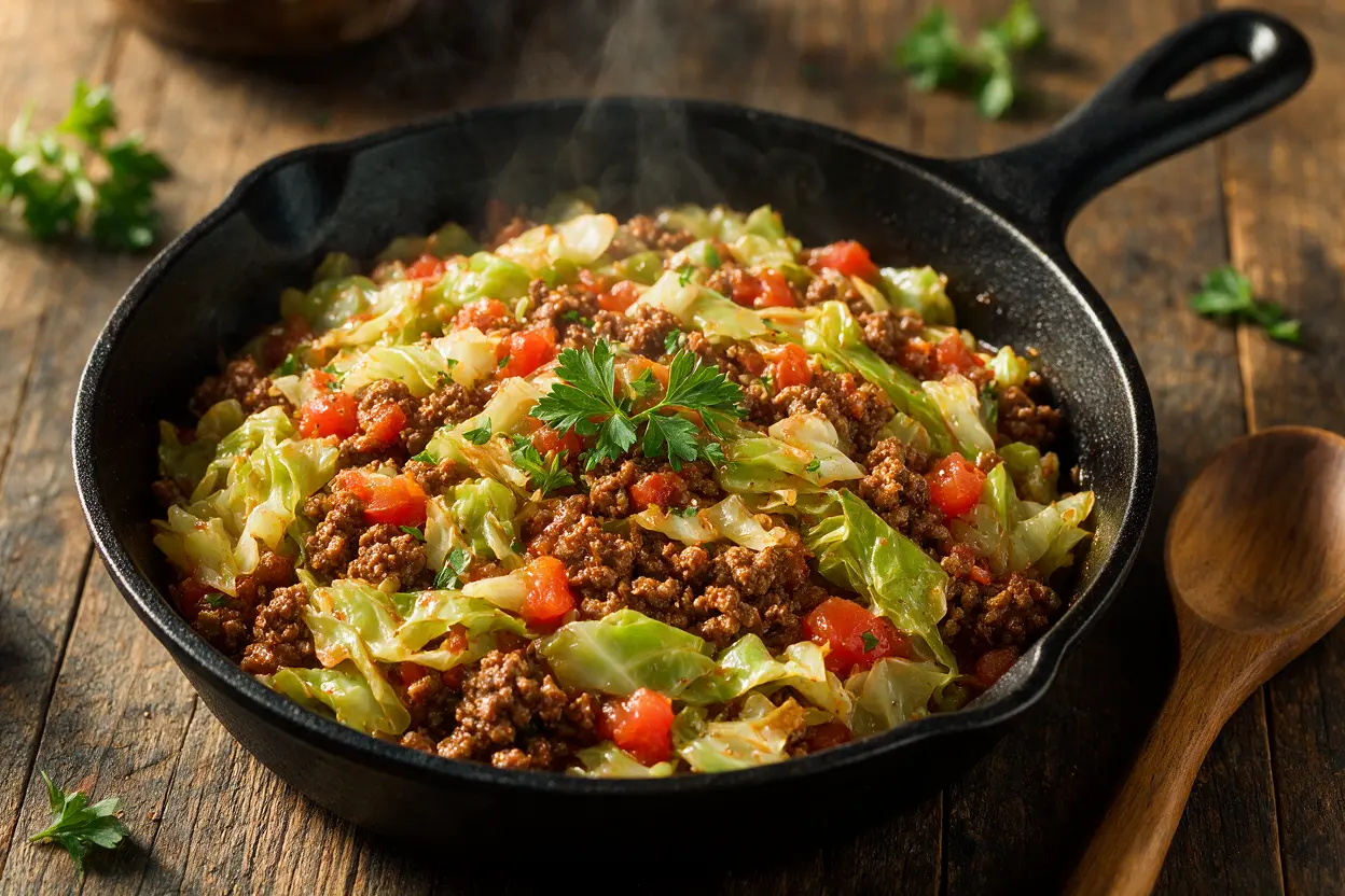 Ground beef and cabbage skillet with tomatoes and parsley