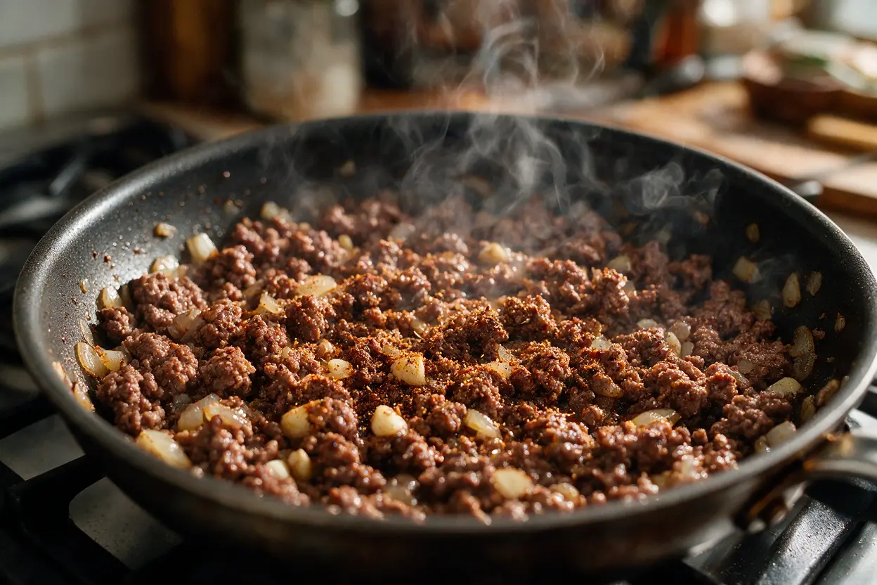 Seasoned ground beef browning in a skillet with onion