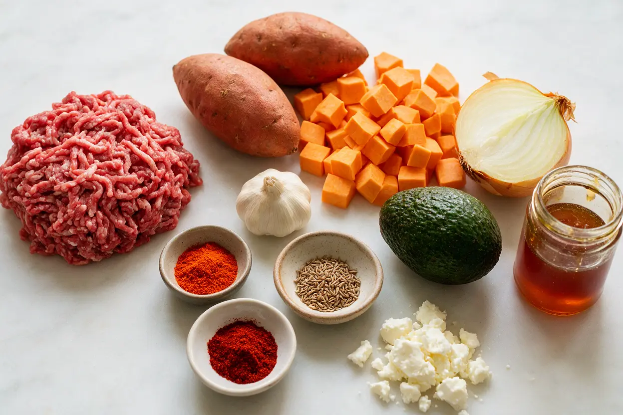 Ground beef sweet potato bowl ingredients: beef, sweet potato, spices, avocado, and hot honey