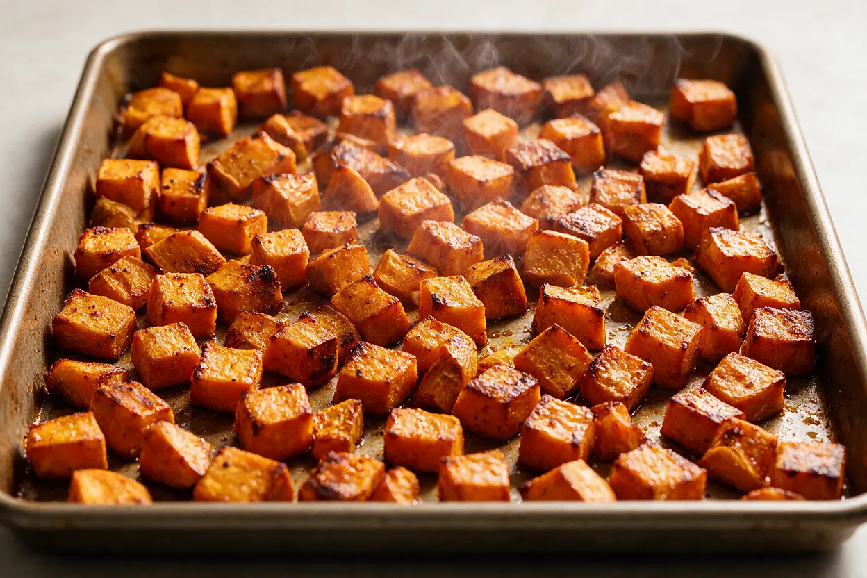 Cubed sweet potatoes roasting and caramelizing on a sheet pan