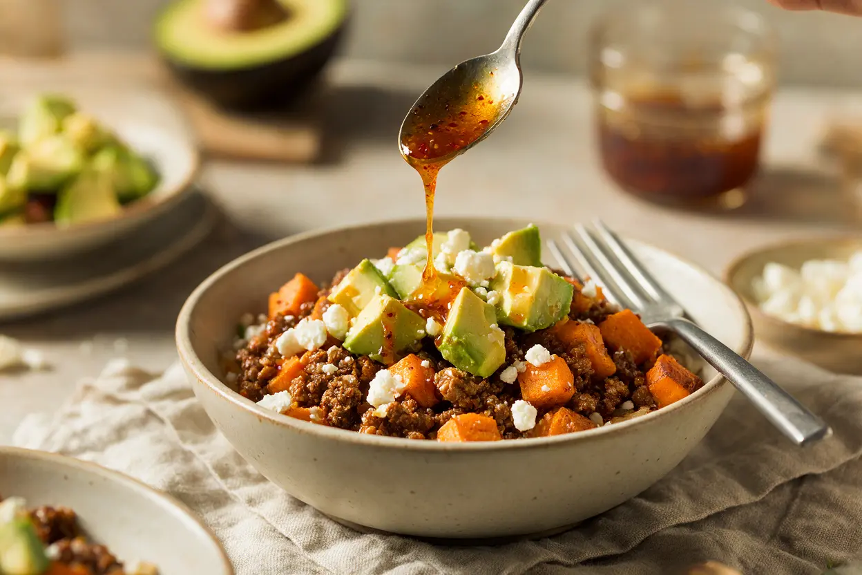 Hot honey drizzled over a finished ground beef sweet potato bowl