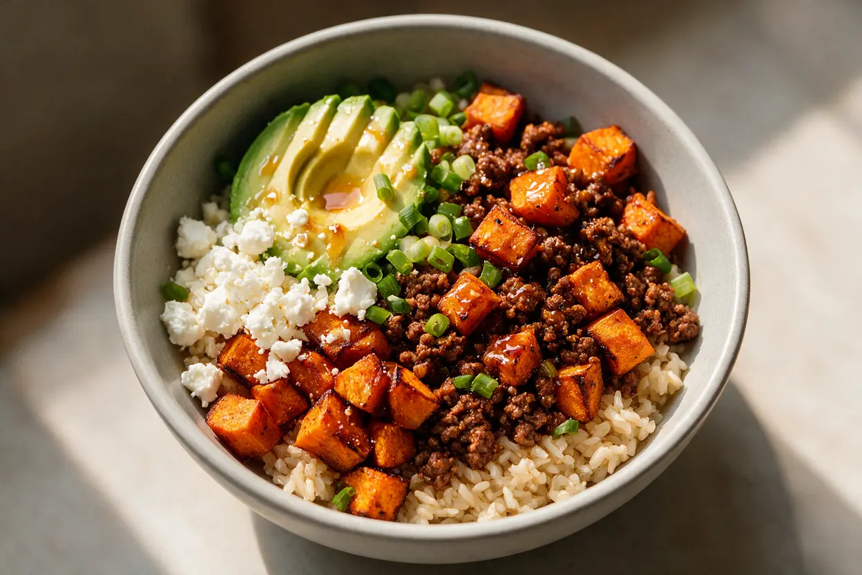 Ground beef sweet potato bowl with avocado, feta, and hot honey