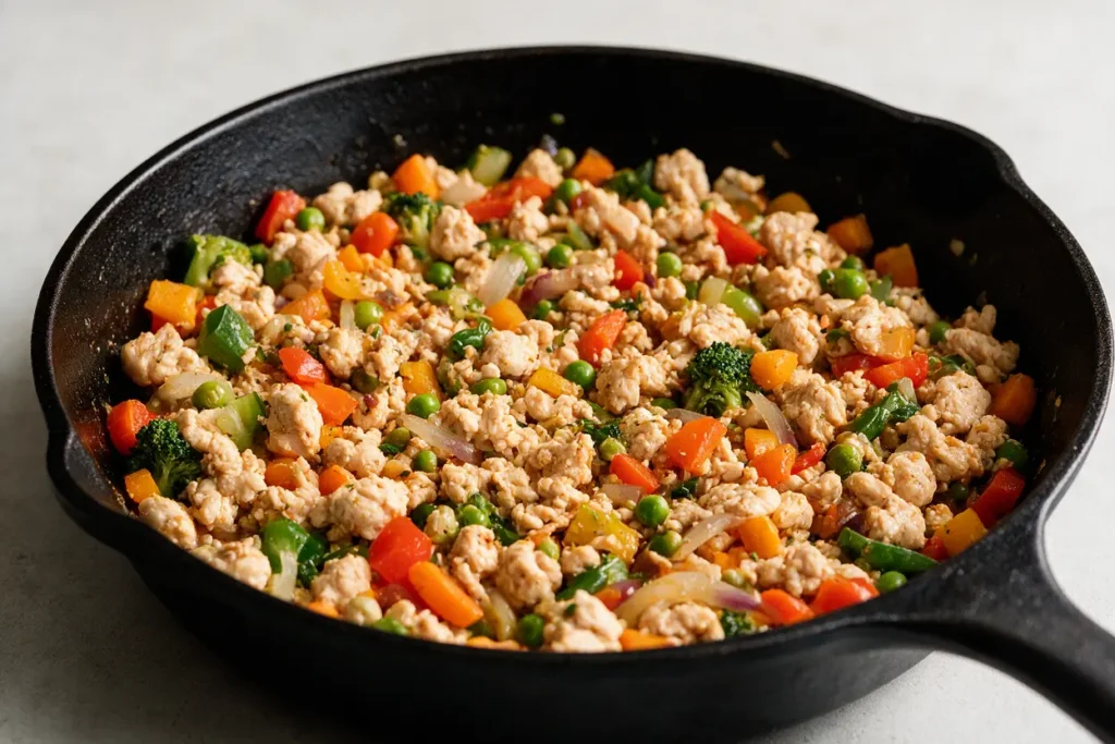 Easy ground chicken recipes: a skillet with colorful vegetables