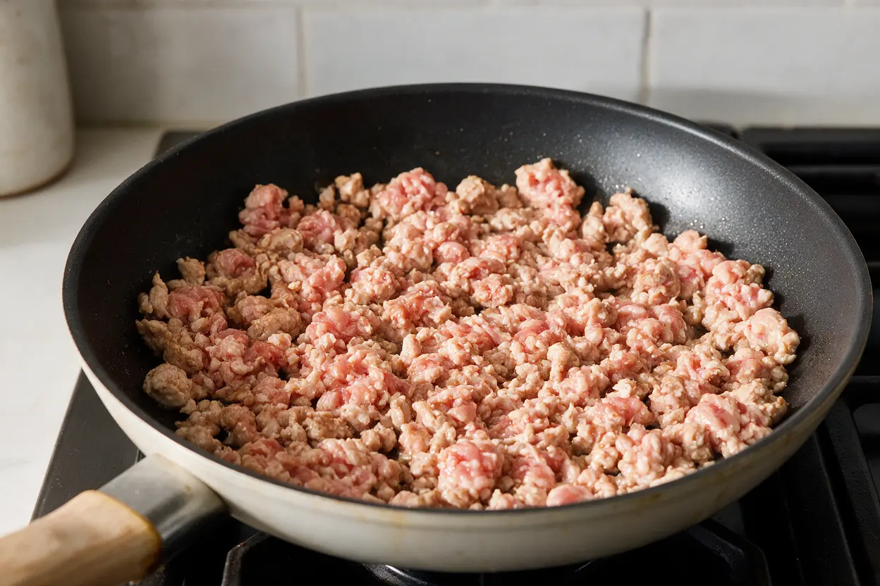 Ground chicken browning and being broken up in a skillet