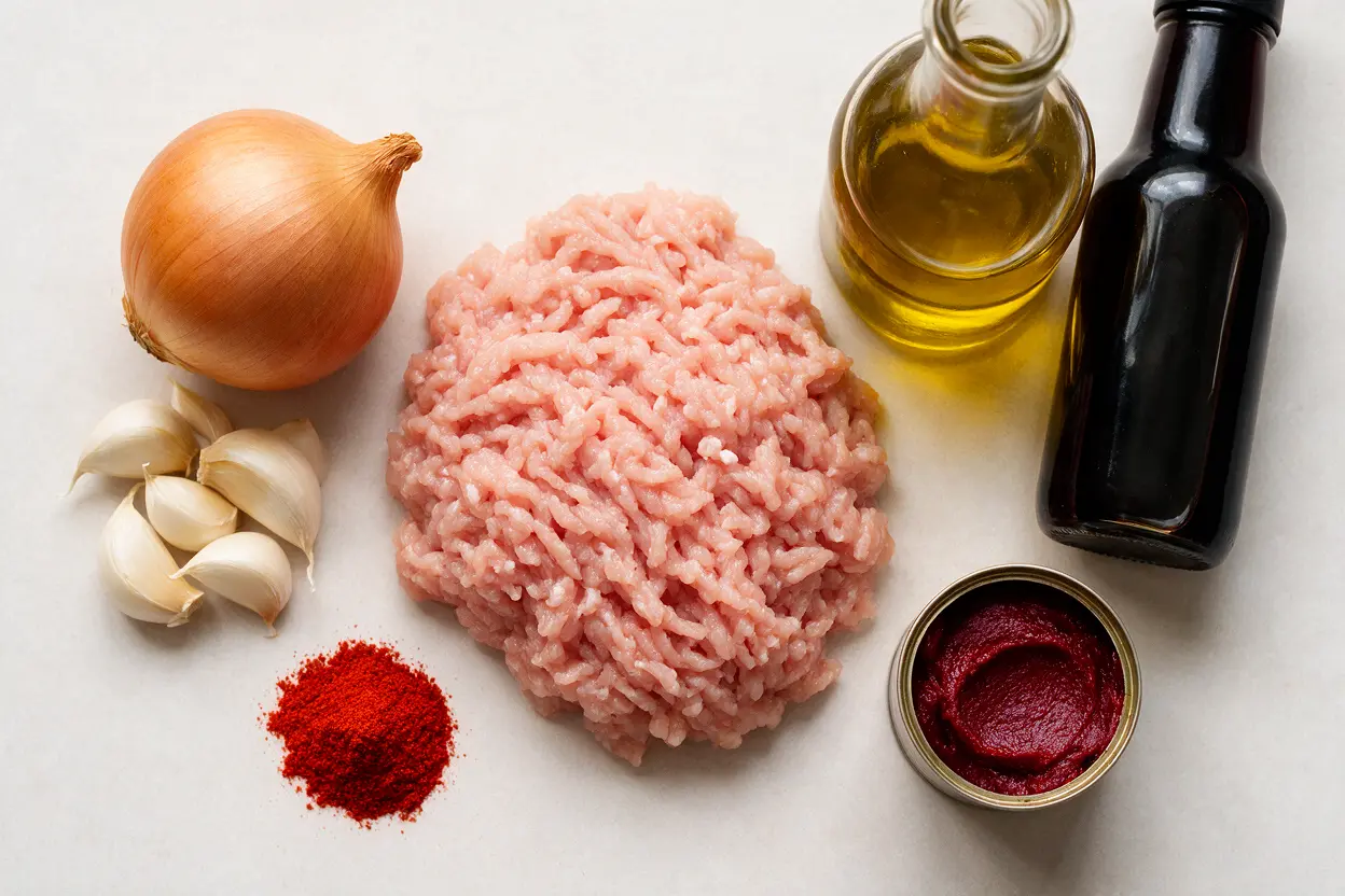 Ground chicken recipe ingredients: ground chicken, onion, garlic, soy sauce, tomato paste, and paprika