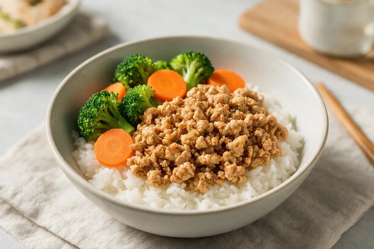 A served bowl of ground chicken over rice with vegetables