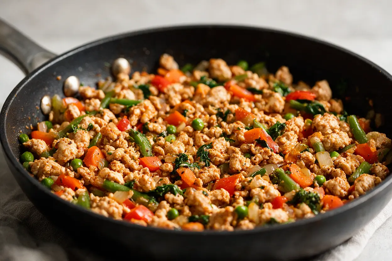 A finished seasoned ground chicken skillet with vegetables