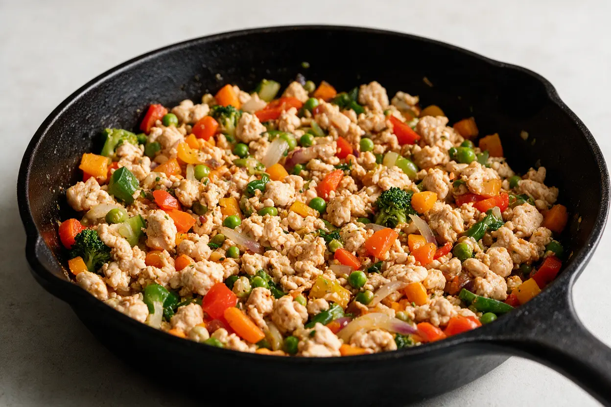 Easy ground chicken recipes: a skillet with colorful vegetables
