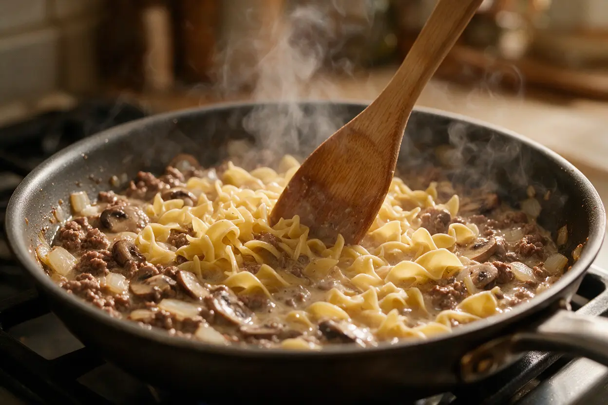 Cooking hamburger helper stroganoff in one skillet with ground beef, egg noodles, and creamy mushroom sauce