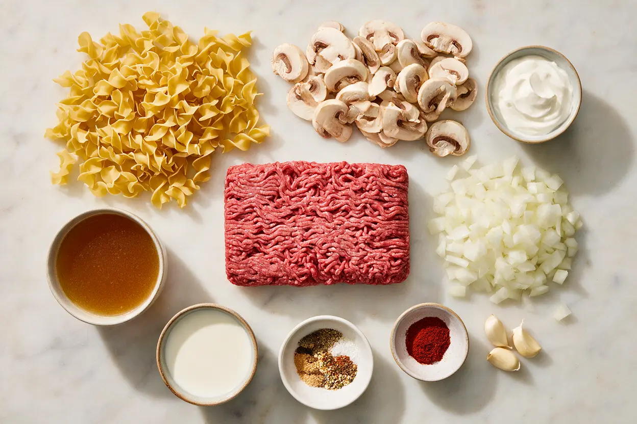 Hamburger helper stroganoff ingredients: ground beef, egg noodles, mushrooms, onion, sour cream, and seasonings