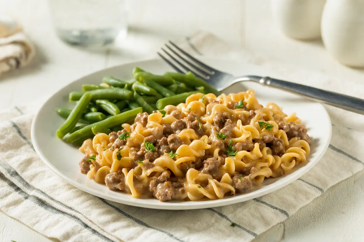 A plate of homemade hamburger helper stroganoff served with green beans