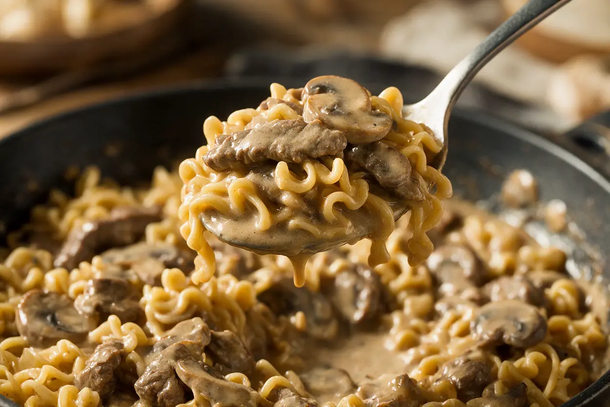 Creamy homemade hamburger helper beef stroganoff on a spoon showing the thick sauce