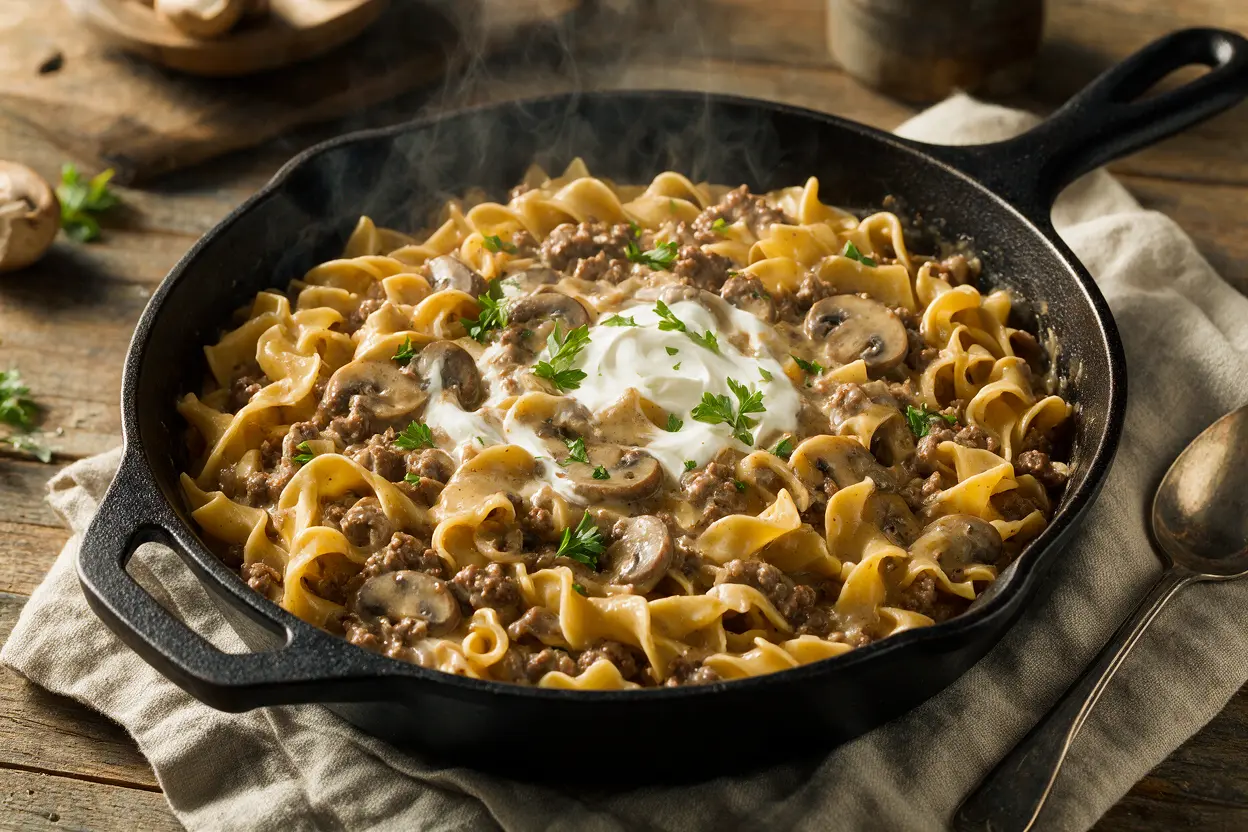 Homemade hamburger helper beef stroganoff in a cast iron skillet with egg noodles and creamy mushroom sauce