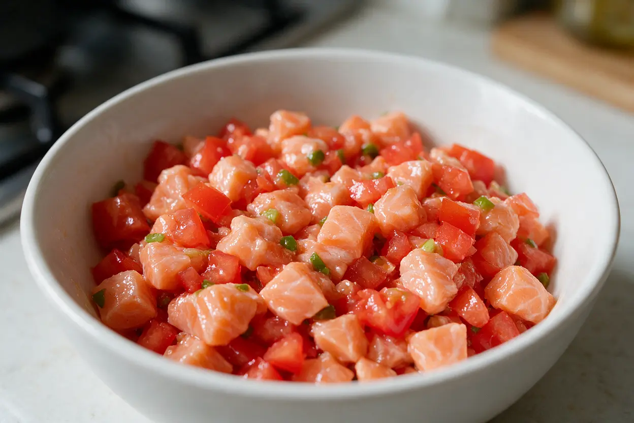 Close-up of diced Hawaiian lomi lomi salmon with tomato and onion