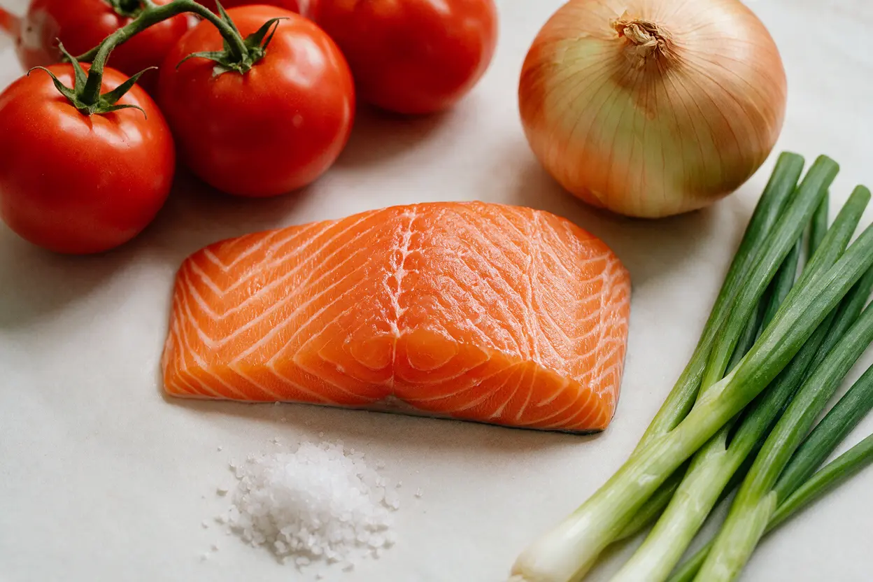 Lomi lomi salmon ingredients: salmon fillet, ripe tomatoes, sweet onion, and green onions